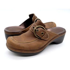 Ecco Mules Womens 8 Brown Leather Moc Toe Buckle Accent Slip On Casual Shoes